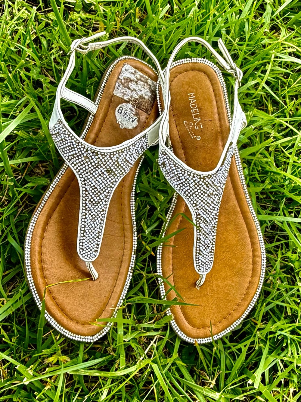 Madeline Silver T-Strap Rhinestone Sandals